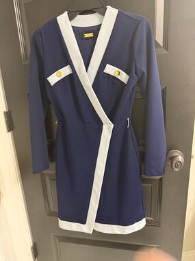 Alexia Admor Navy & White Contrast Wrap Dress Gold Buttons XS